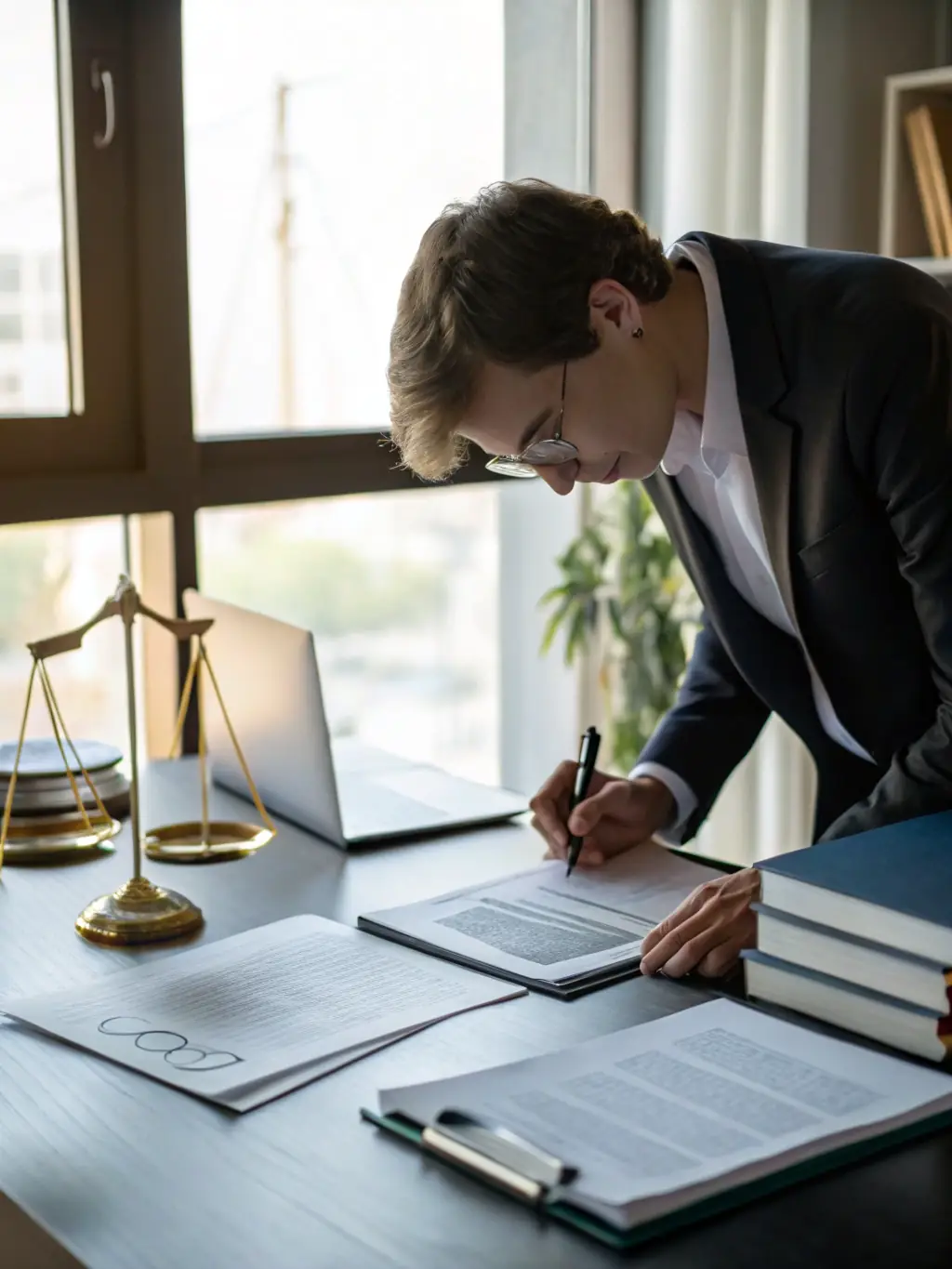 A compliance officer reviewing detailed documentation and digital compliance dossiers on a tablet, with regulatory books and checklists in the background.