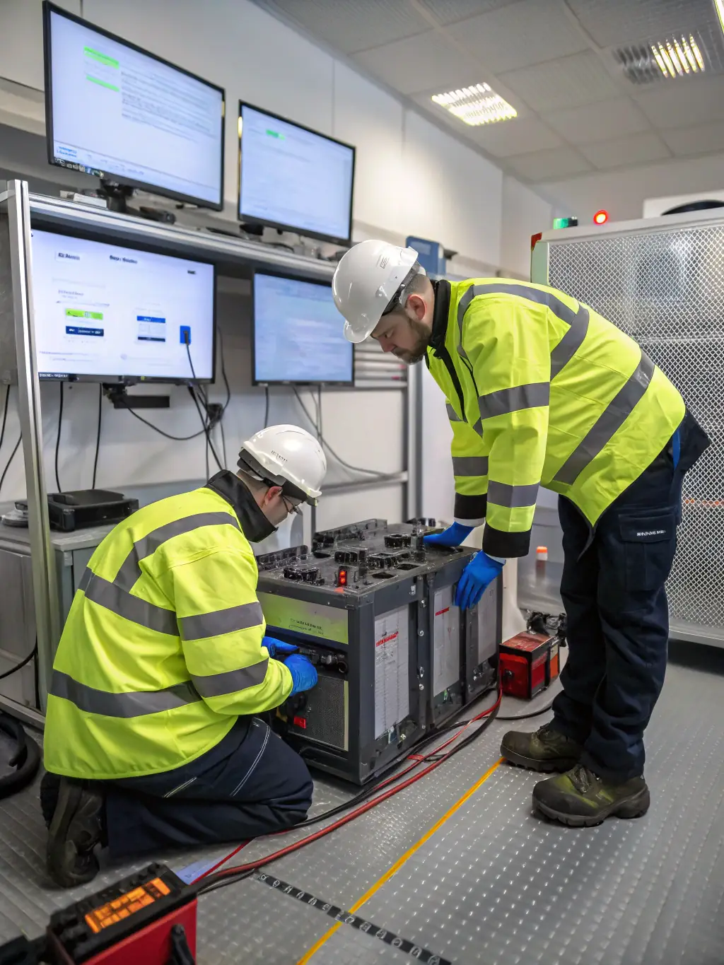 A modern lithium-ion battery production line in a French factory, with engineers in safety gear overseeing automated machinery, representing advanced manufacturing efficiency.