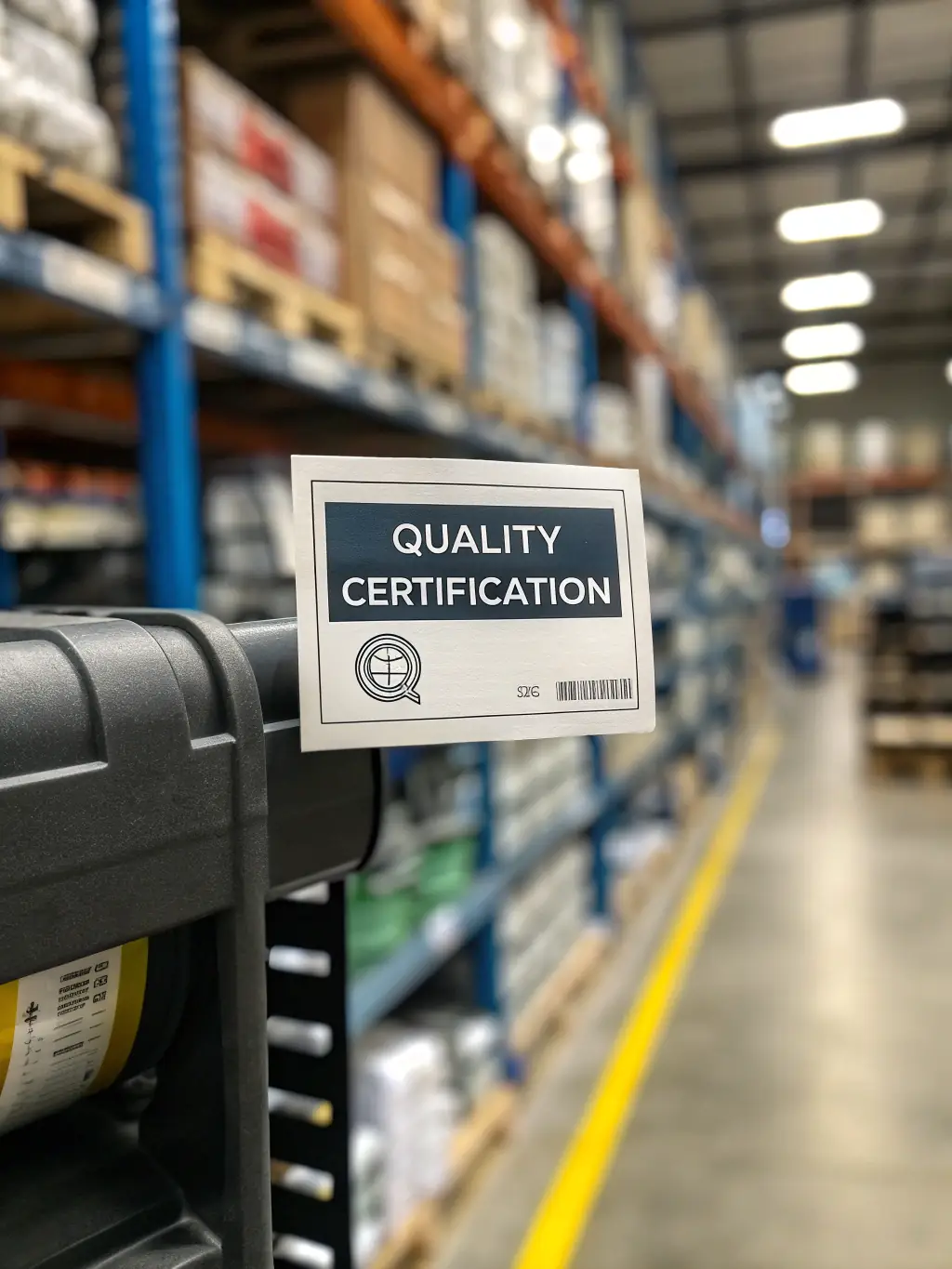 Close-up of a CE and TS16949 certification plaque displayed in a high-tech industrial facility, emphasizing compliance and quality assurance in European manufacturing.